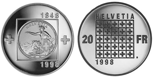20 Franken Gedenkmünze Schweiz Silber 1998 150 Jahre CH Bundesstaat