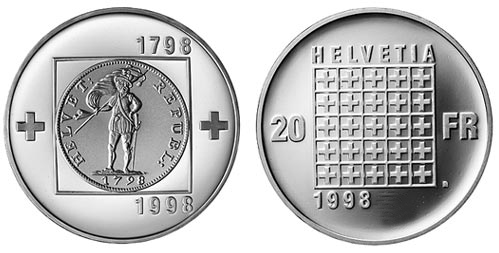 20 Franken Gedenkmünze Schweiz Silber 1998 200 Jahre Helvetische Republik