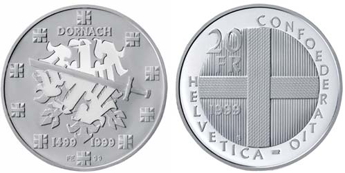20 Franken Gedenkmünze Schweiz Silber 1999 Schlacht bei Dornach