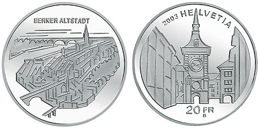 20 Franken Gedenkmünze Schweiz Silber 2003 Berner Altstadt
