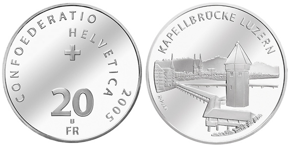20 Franken Gedenkmünze Schweiz Silber 2005 Kappelbrücke Luzern