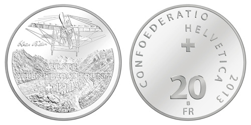 20 Franken Gedenkmünze Schweiz Silber 2013 1. Alpenüberquerungim Flugzueg Oskar Bider