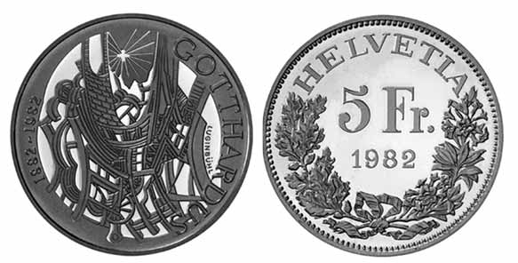 5 Franken Gedenkmünze 1982 Gotthardbahn