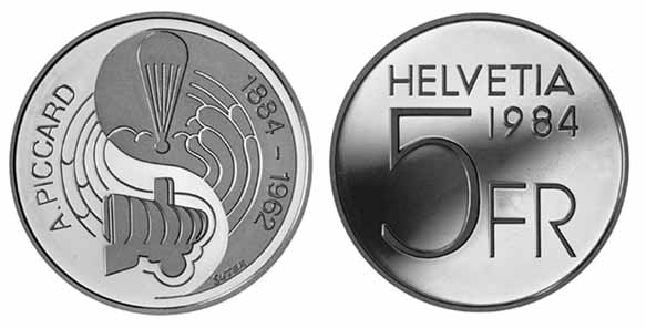 5 Franken Gedenkmünze 1984 Auguste Piccard
