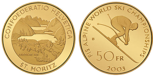 50 Franken Gedenkmünze 2003 Ski WM Gold