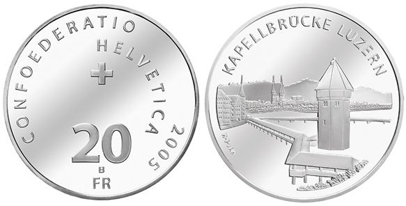 20 Franken Gedenkmünze 2005 Kapellbrücke Luzern